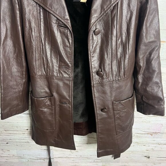 Vintage brown park international leather jacket with fur inside belt size 10 - Picture 2 of 6
